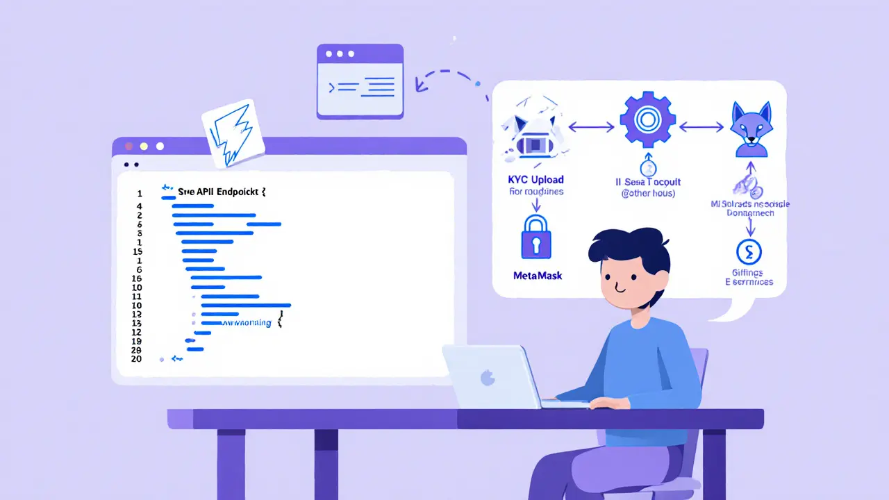 Minimalist cartoon of a developer using Resfinex API with steps for registration, KYC, wallet, and staking.
