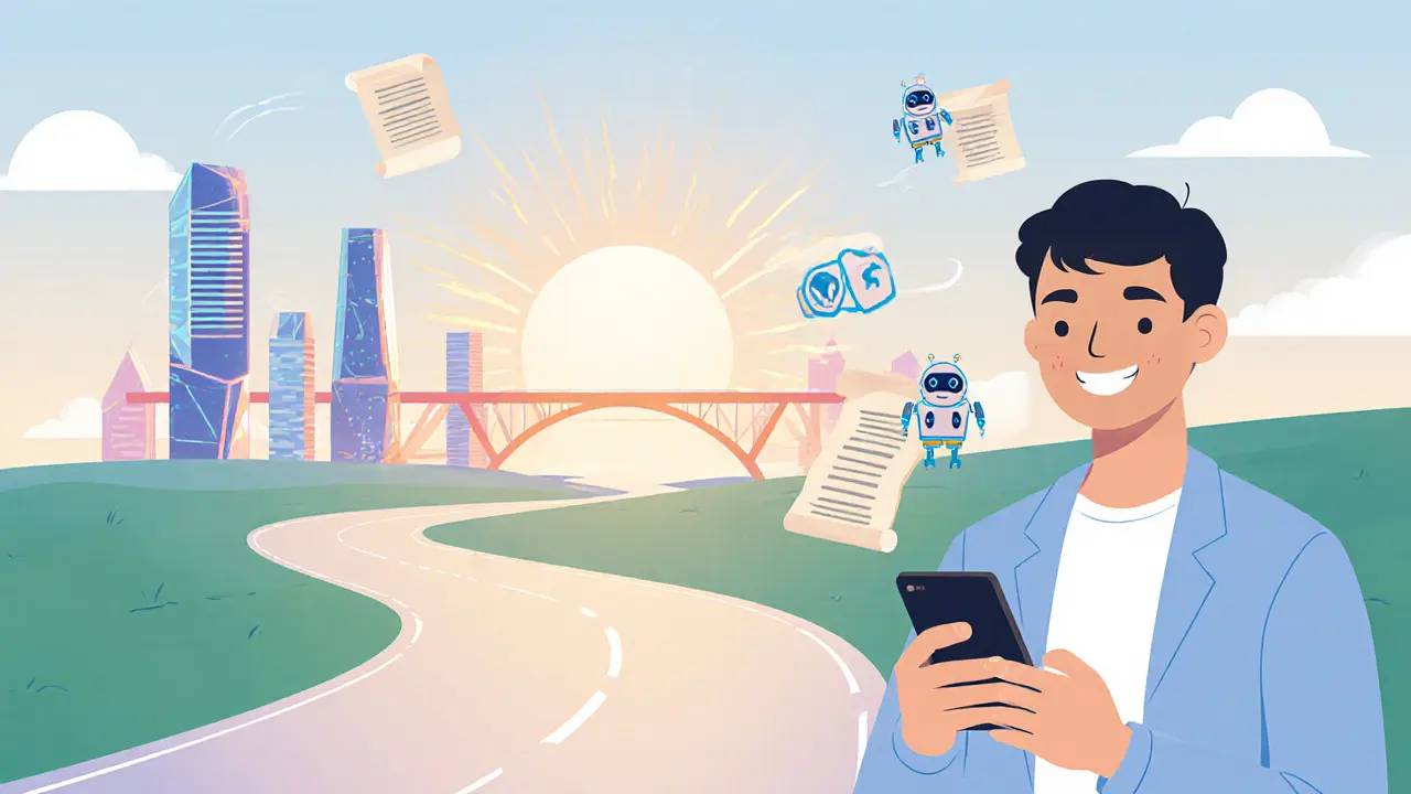 Minimalist cartoon of a futuristic blockchain city with AI bots, a road, and a user with a mobile device.