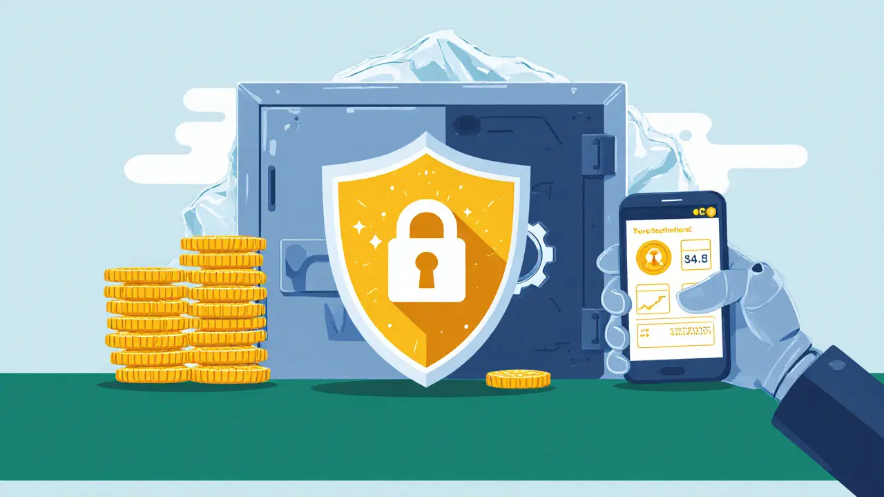 Minimalist cartoon showing fee comparison coins, security shield, 2FA phone, and a vault.