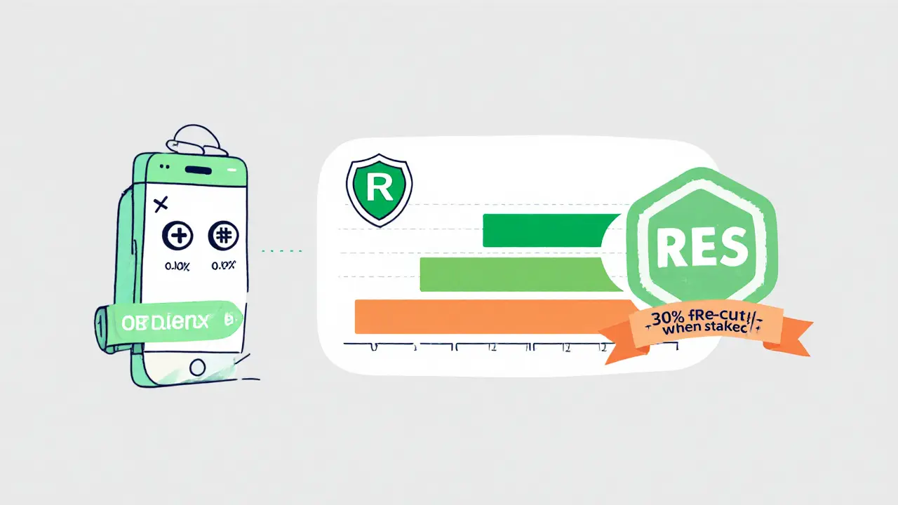 Minimalist illustration showing security lock, 2FA phone, fee tier bars, and RES token discount badge.