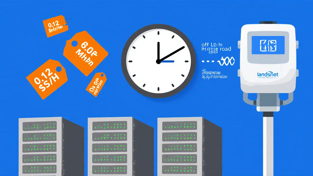 Mining racks with a clock and price tags indicating higher peak electricity rates.