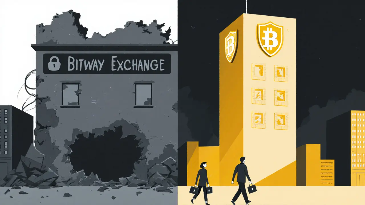 Person walking from a rundown exchange building toward a secure exchange tower.