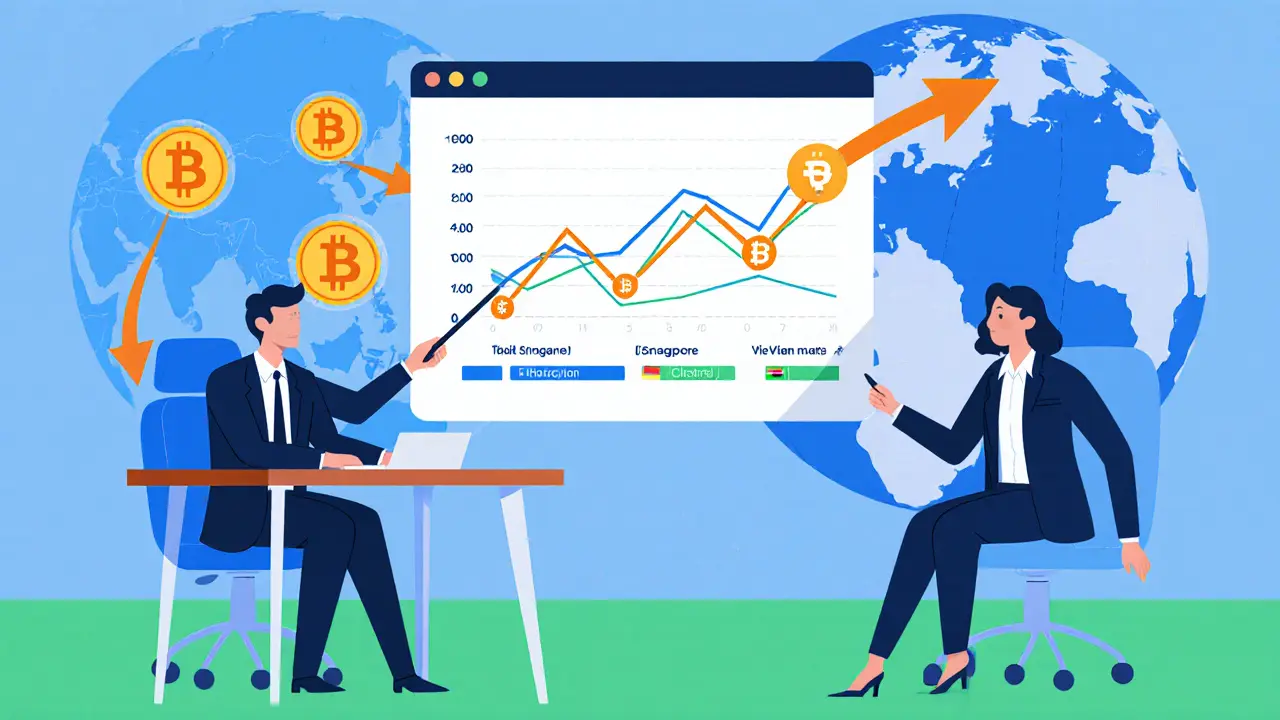 Businessperson and regulator reviewing crypto adoption chart with globe and arrows toward UAE, Singapore, Vietnam.