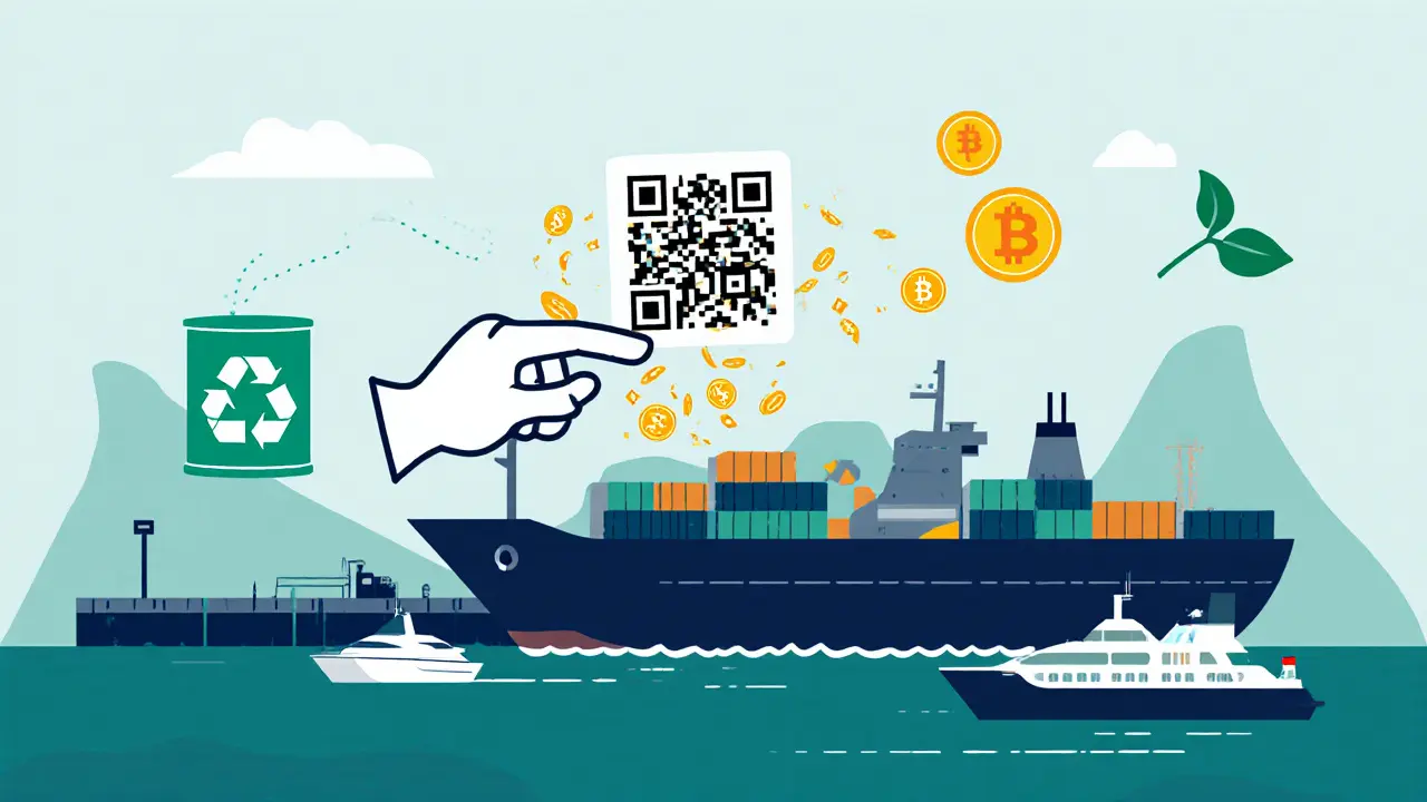 Docked ship with QR code, hand tapping, and icons for yacht, fuel, and eco rewards.