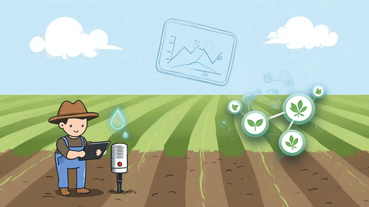 Farmer checking a soil sensor with floating AI icons and a subtle graph shape in the sky.