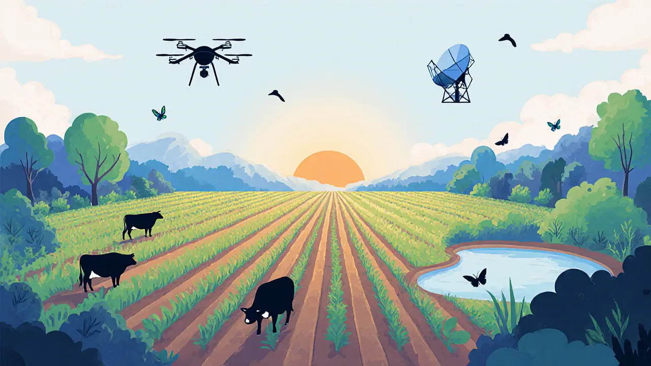Hybrid farm with no‑till rows, cover crops, livestock, drones, and a thriving surrounding ecosystem.