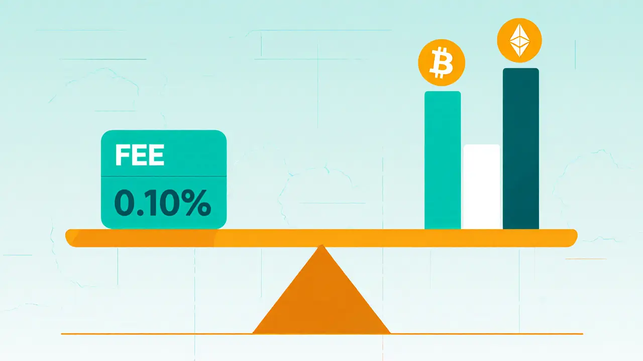 Scale balancing a flat fee label against Bitcoin and Ethereum icons with liquidity bars.