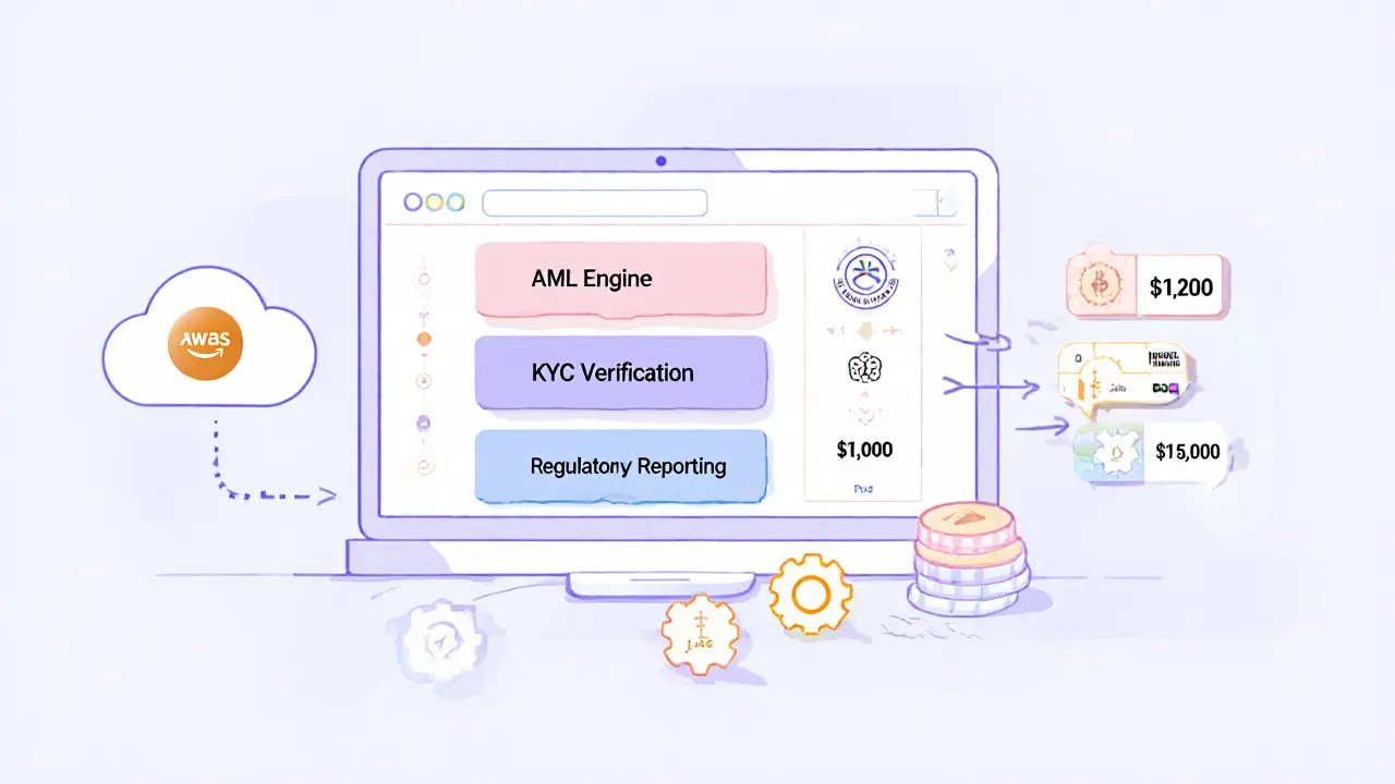 Simplified API workflow showing AML, KYC, reporting modules and price tags.
