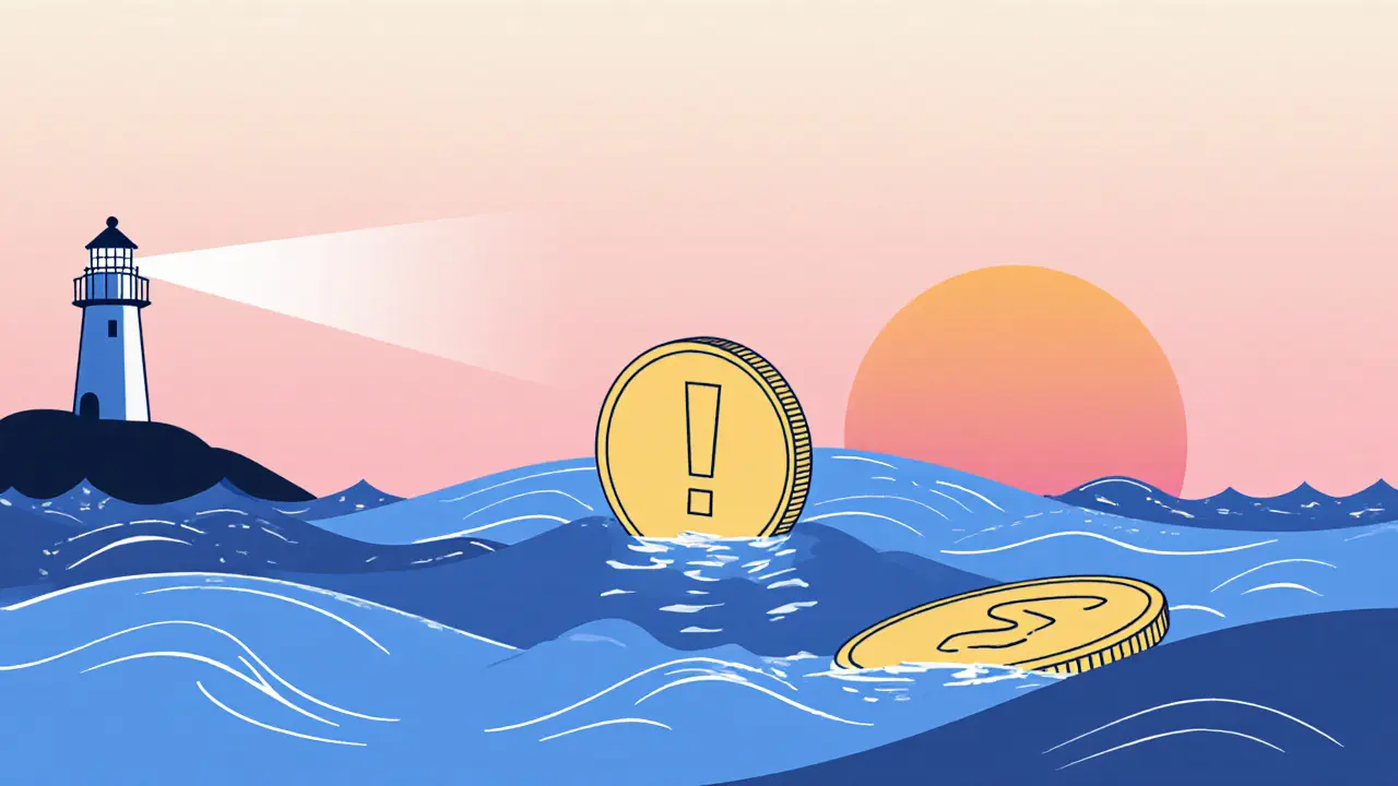 Small SEAT coin sinking in waves near a lighthouse with a sunrise background.