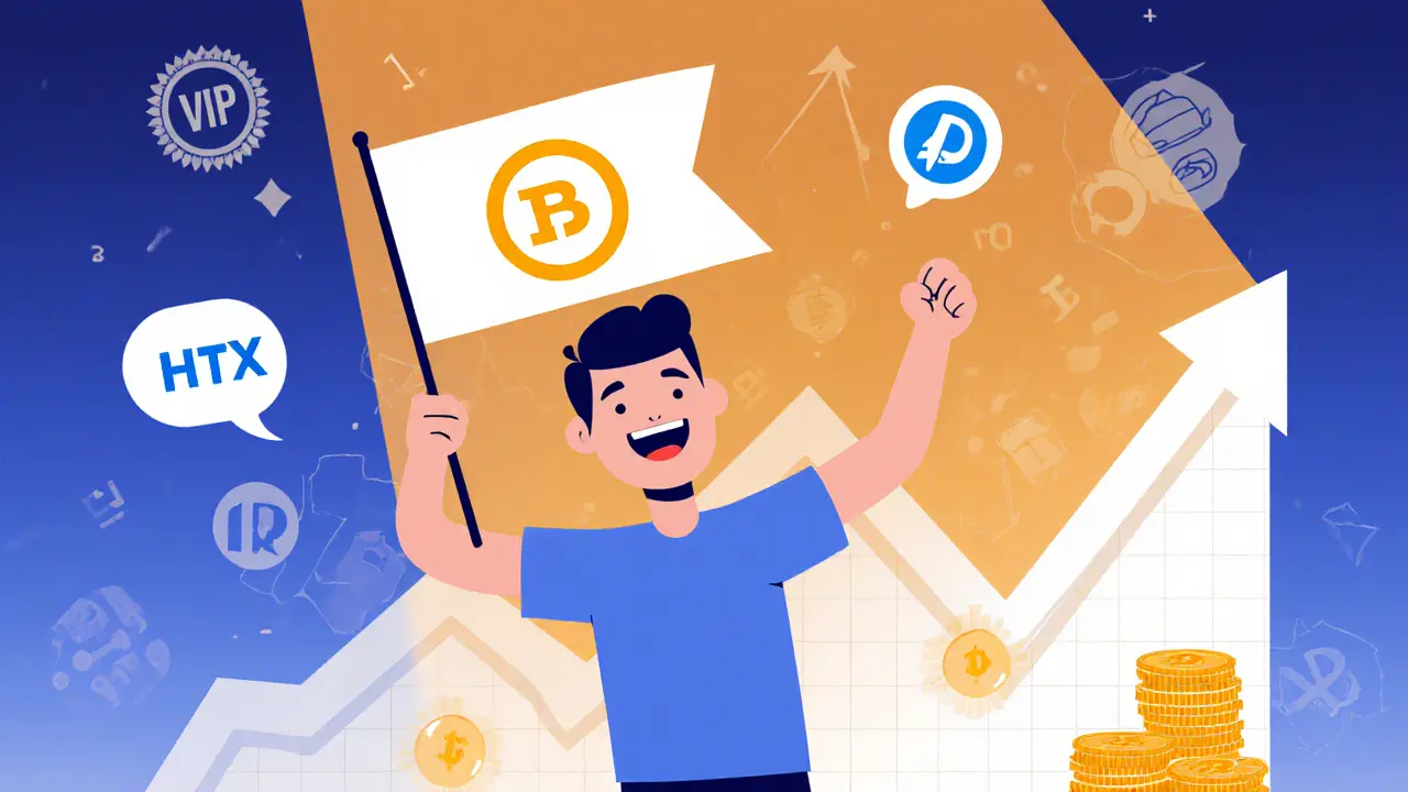 Trader celebrating with rising chart, VIP badge, and HTX flag in minimalist style.