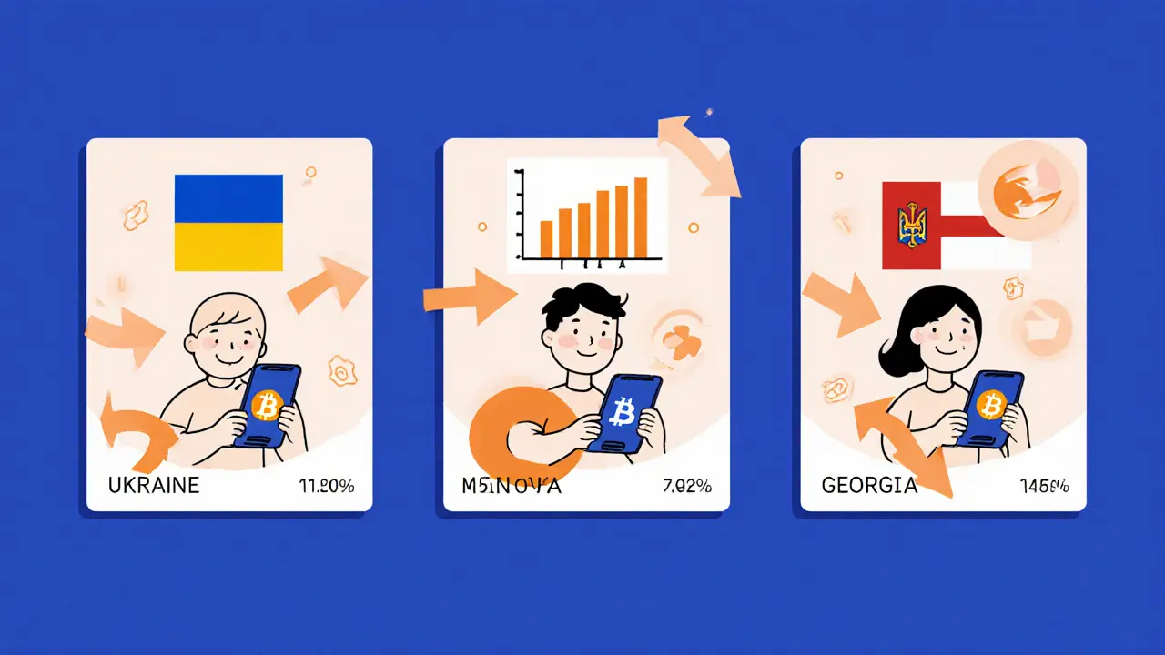 Ukraine, Moldova, and Georgia shown with small crypto wallet icons in a minimalist cartoon.