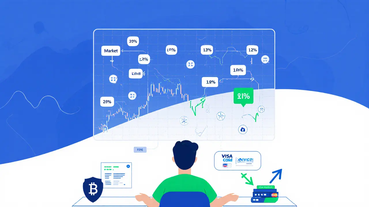 User at desk with chart, order type icons, and deposit method symbols.