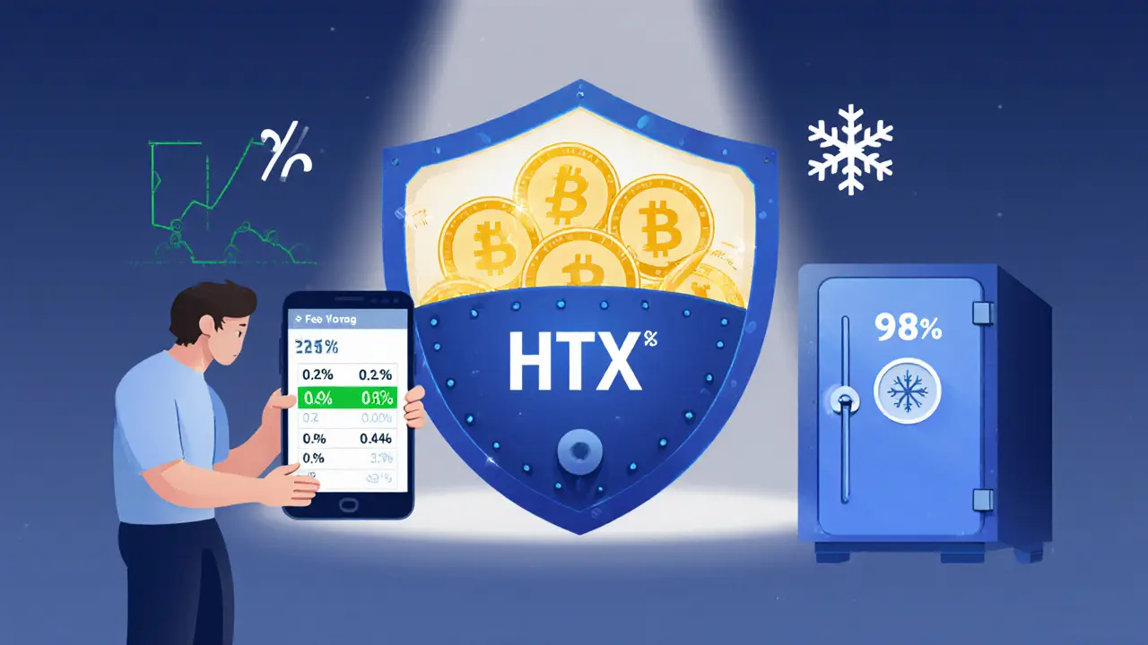 Vault with glowing HT tokens showing fee discount and cold‑storage security icons.