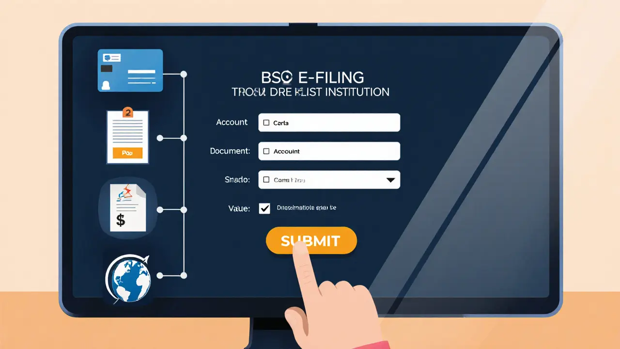 Computer screen showing BSA E‑Filing form with a checklist of five icons and a hand clicking submit.