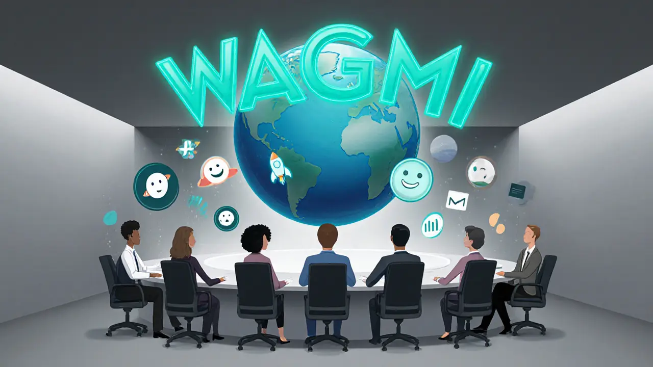 Corporate boardroom with holographic "WAGMI" concept and diverse team.