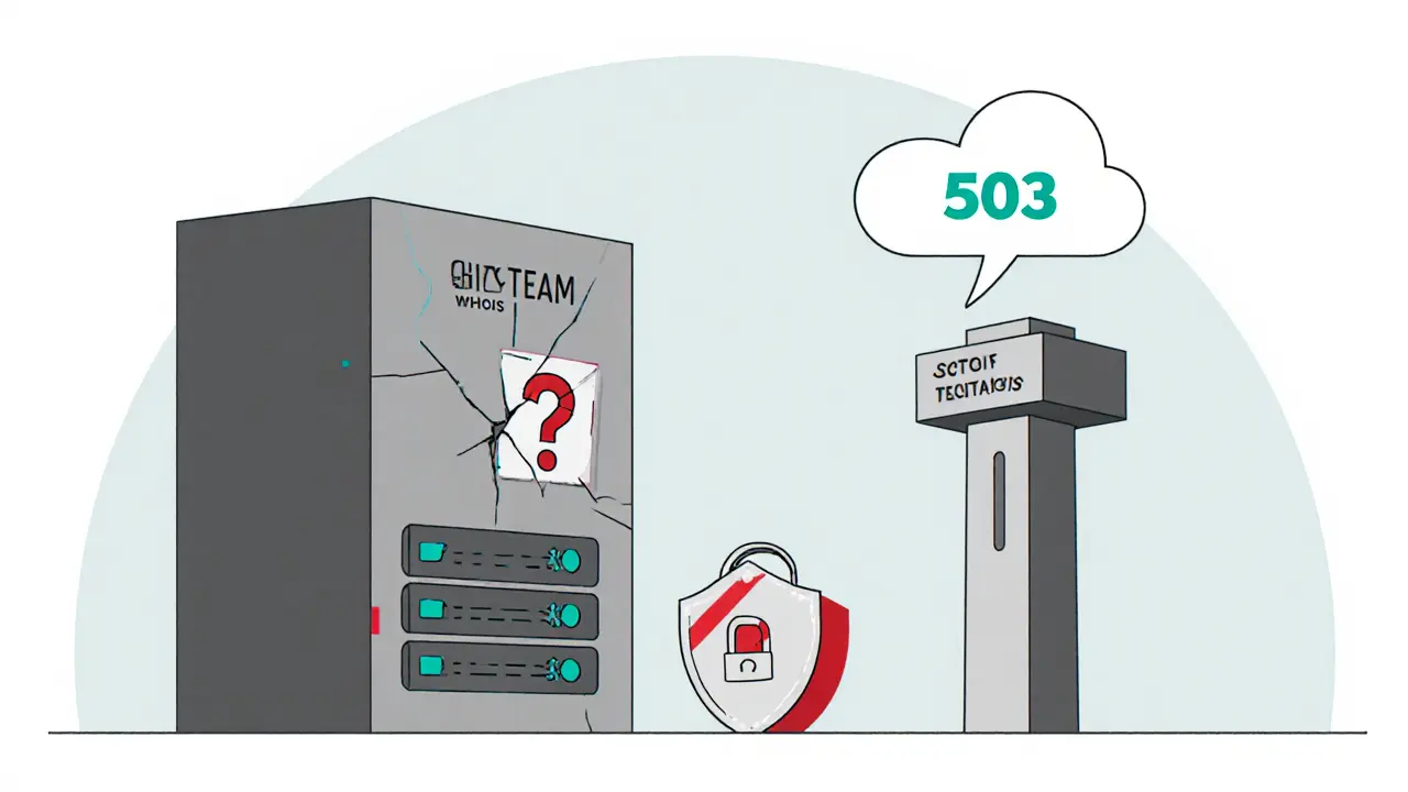 Cracked shield, server tower with question mark, and 503 error cloud.