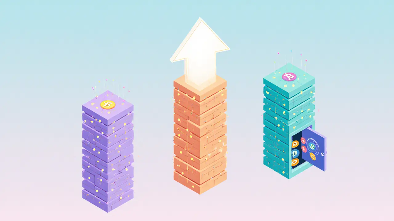 Future staking scene with blockchain towers, upward arrow, and secure vault.