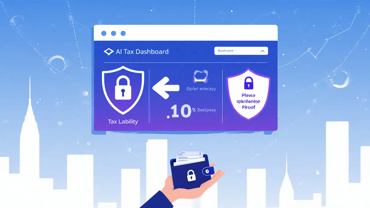Future tax dashboard with AI advice, quantum shield, and DID wallet.