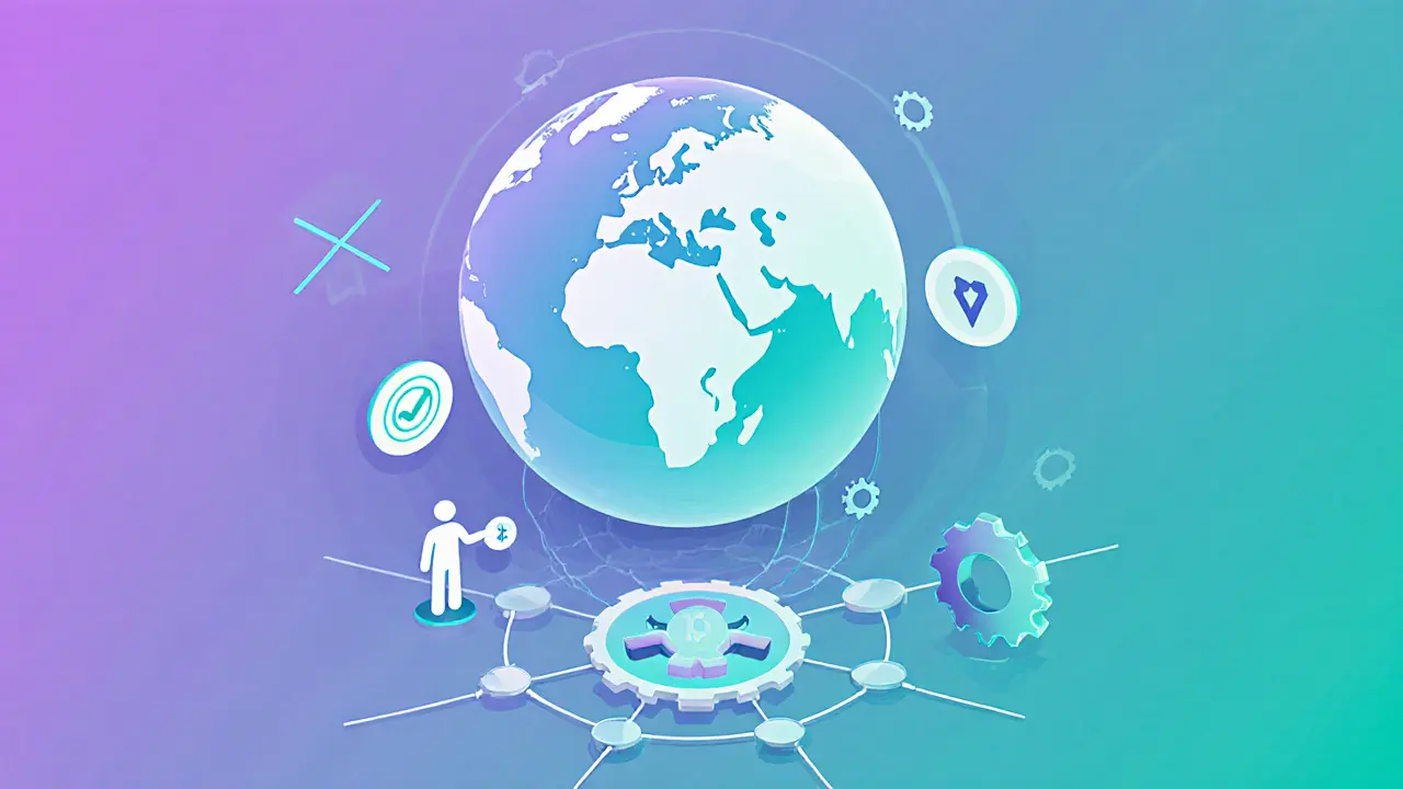 Futuristic globe with zero‑knowledge, token handoff, and gears indicating hybrid security.