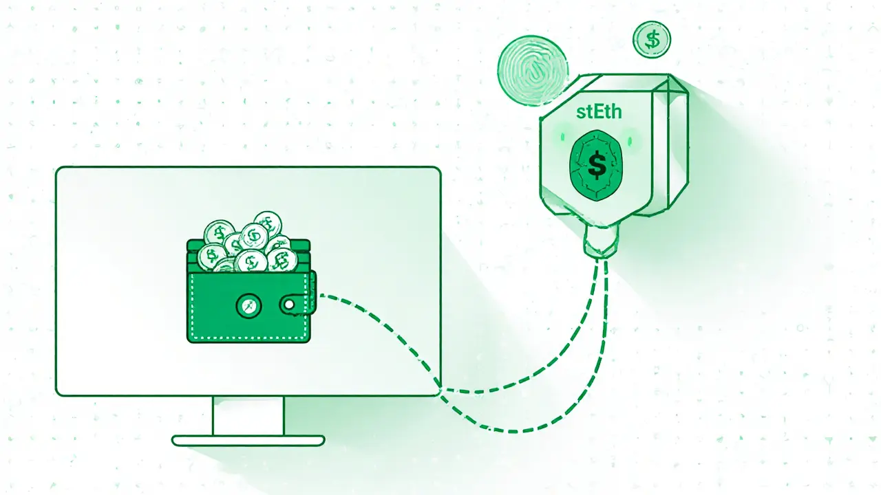 Laptop wallet sending coins into a smart contract, producing stETH tokens.
