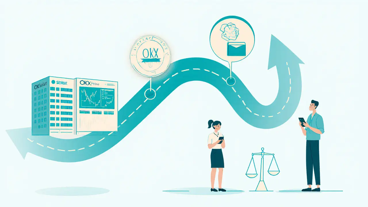 Minimalist cartoon of OKX roadmap, institutional traders, mobile app, and pros/cons icons.