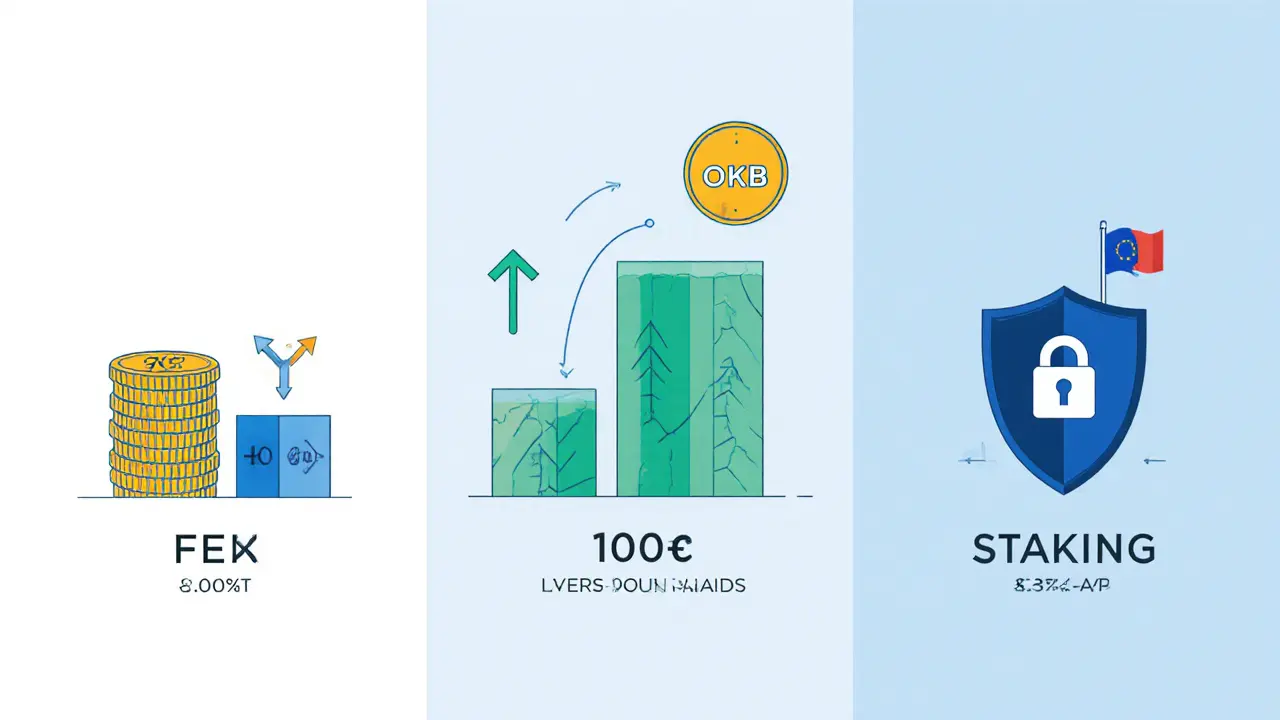 Minimalist illustration of fee percentages, leverage bars, staking yields, and security shield for OKX.