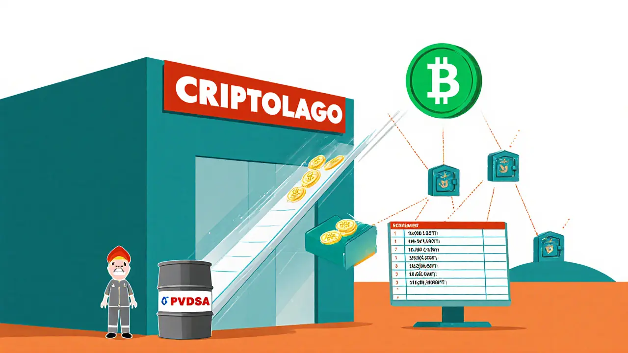 Minimalist illustration of PDVSA converting oil to USDT and PETRO at Criptolago.