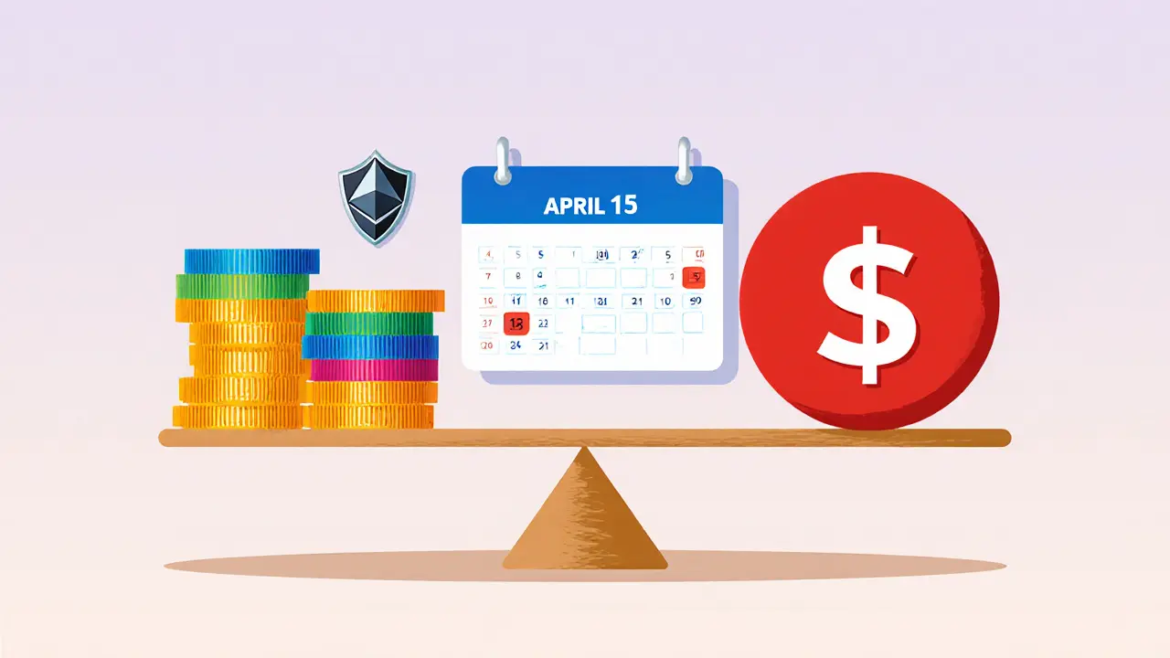 Scale balancing crypto coins against a penalty dollar sign, with calendar dates and a shield icon.