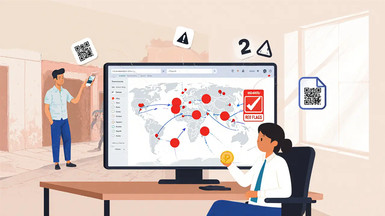 Simple cartoon of compliance officers tracking USDT transfers and citizens using crypto.