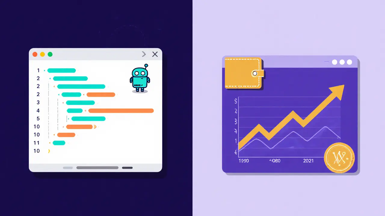 Split cartoon scene showing wagmi.sh code and wagmi.com trading interface.