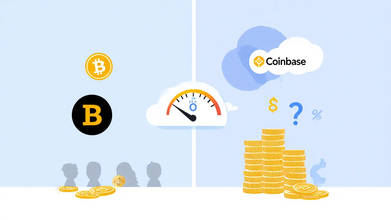 Split‑screen comparison of OOOBTC with Binance, Coinbase, and Kraken showing fees and liquidity.