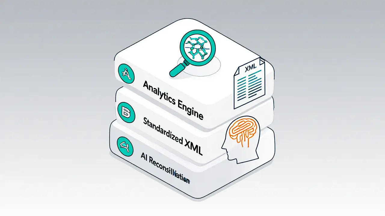 Three layered icons showing analytics, XML schema, and AI reconciliation.