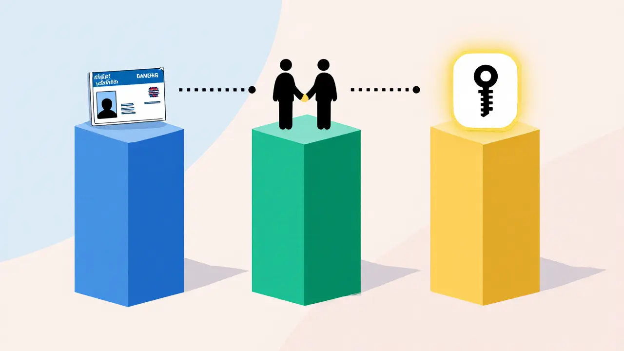 Three simple pillars showing ID card, handshake, and digital key for verification types.