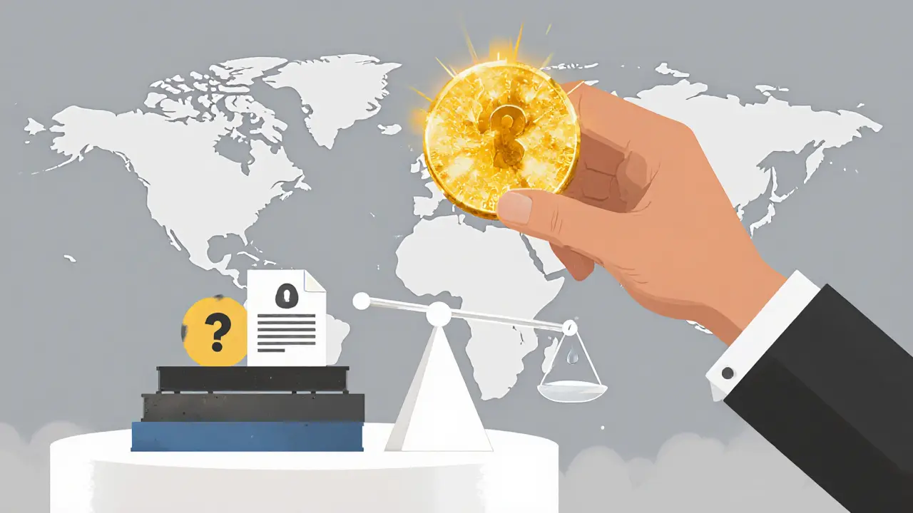 Trader weighing a rare altcoin gem against risk symbols on a scale.