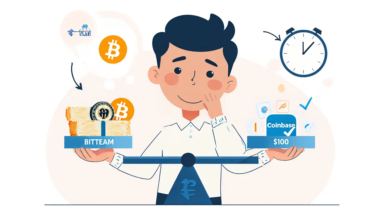 Trader weighing BIT.TEAM against regulated exchanges on balanced scales.