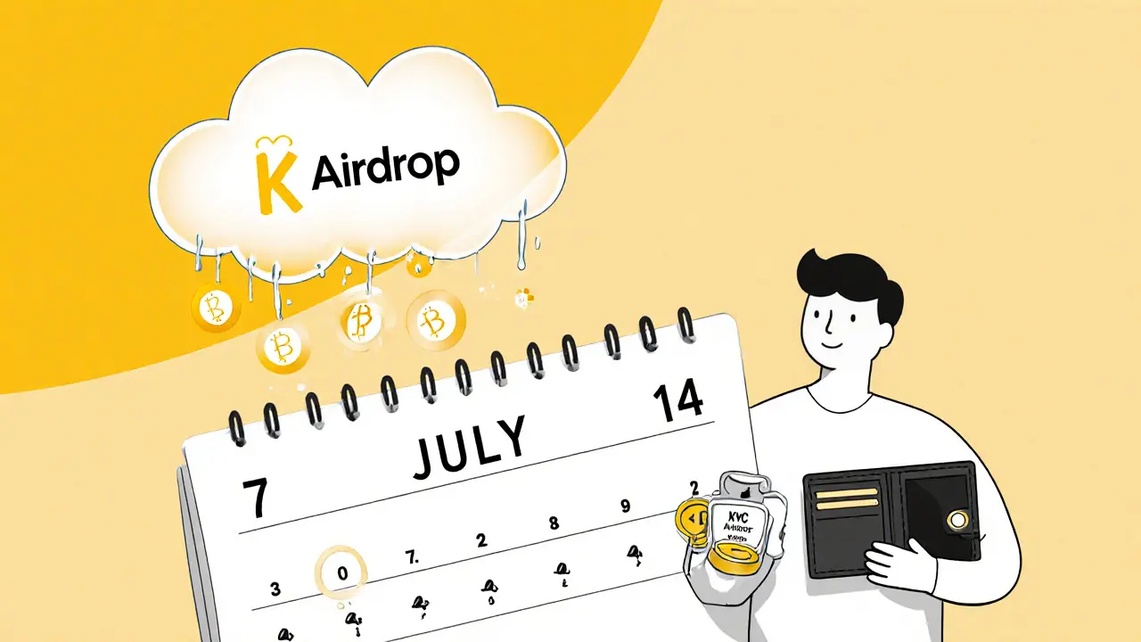 Cartoon calendar with two airdrop dates, empty token rain, and icons for wallet, platform use, and KYC.