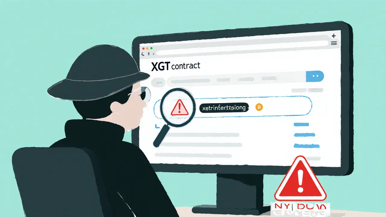 Cartoon detective examining a blockchain explorer screen, magnifying glass over XGT contract, with warning symbols.