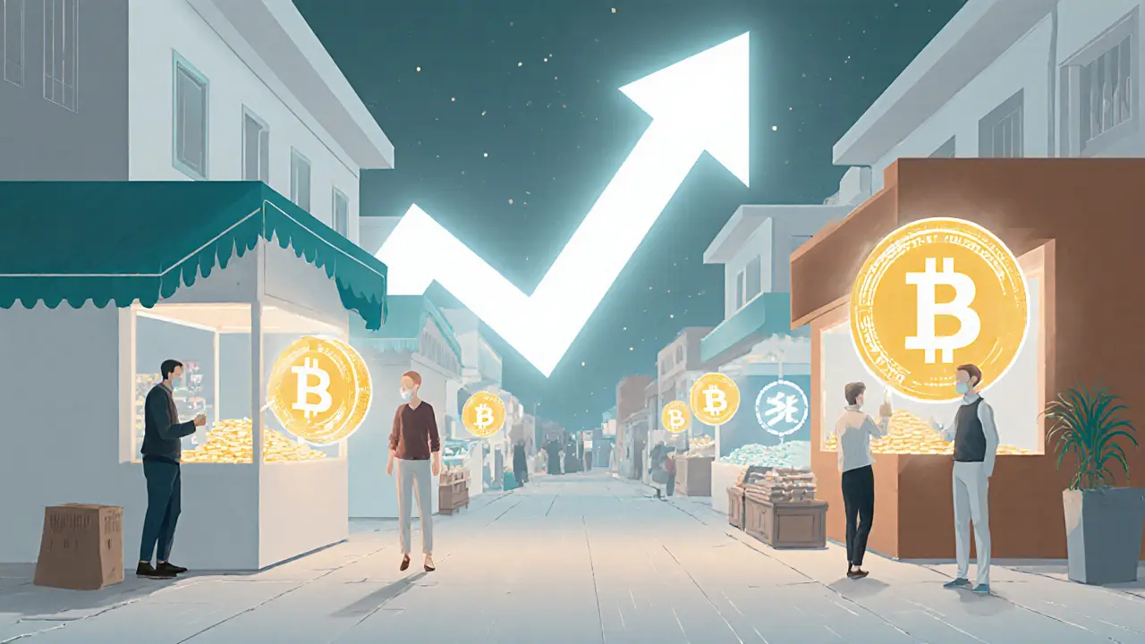 Futuristic market with digital rial CBDC and stablecoin tokens.
