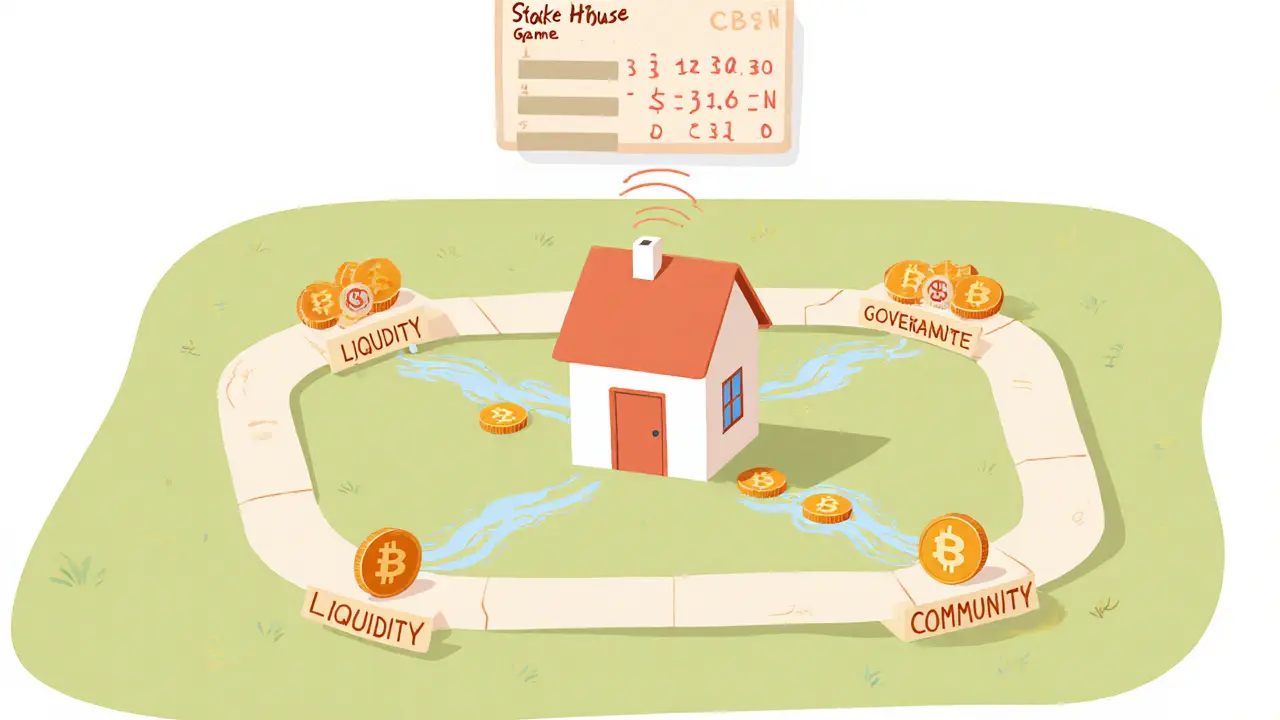 Illustration of a virtual StakeHouse with three upgrade paths and token rewards.