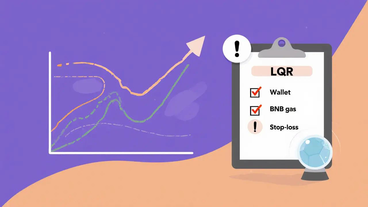 Minimalist cartoon depicting LQR price chart, risk checklist, and future outlook icons.