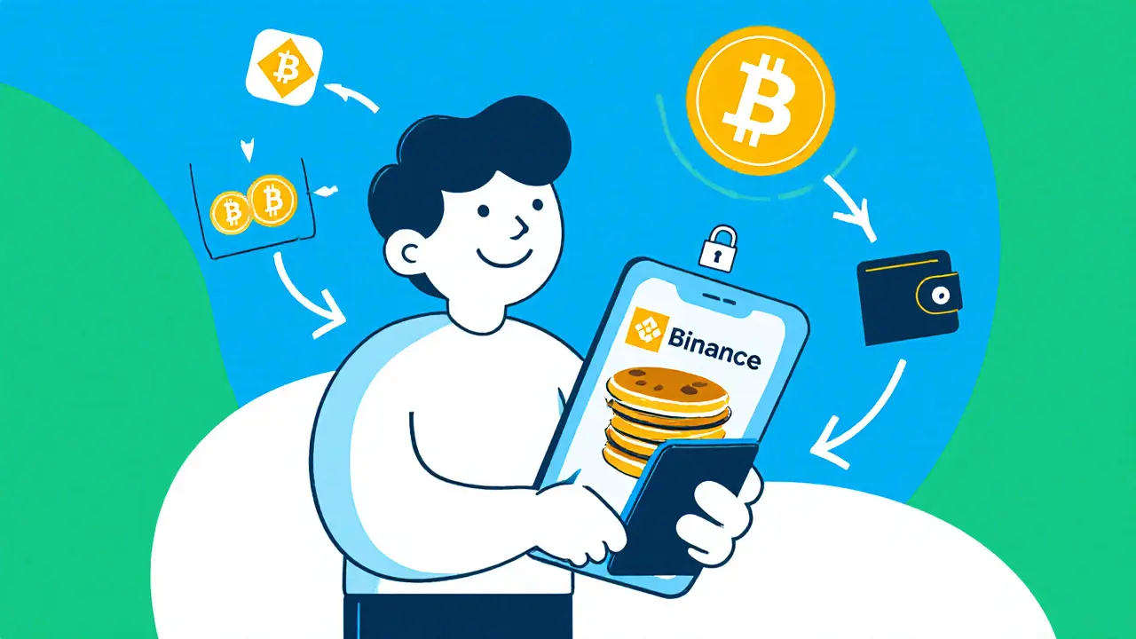 Minimalist illustration of a user buying LQR via Binance, PancakeSwap, and a wallet.