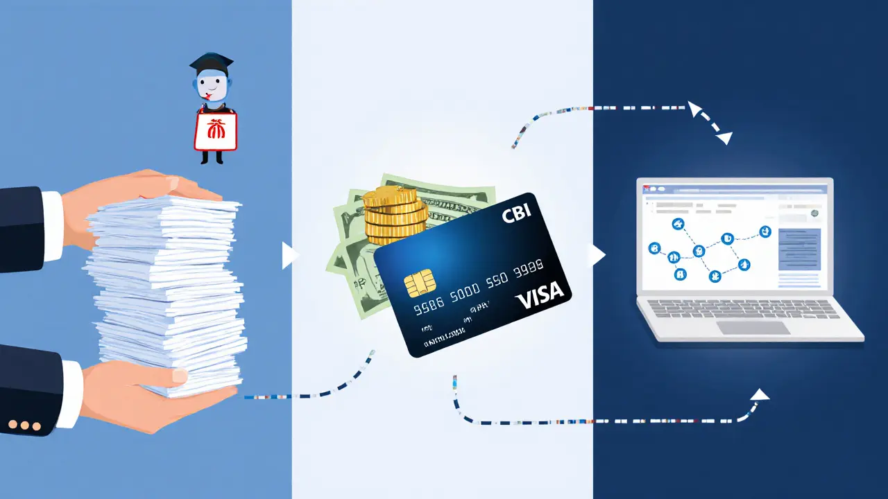 Three‑panel cartoon of document submission, FX Card, and API integration.