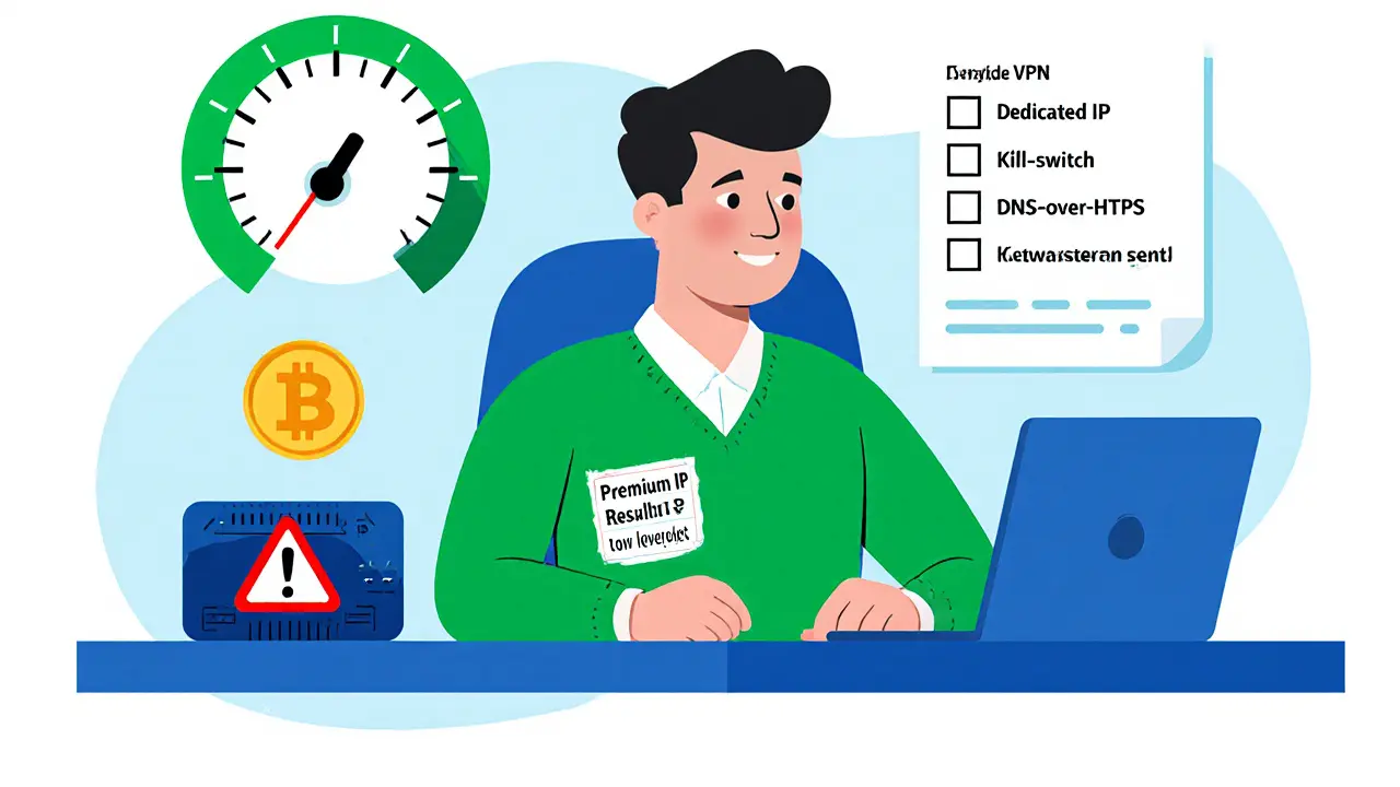 Trader using premium VPN with residential IP, speedometer, crypto coin, and compliance checklist in cartoon style.