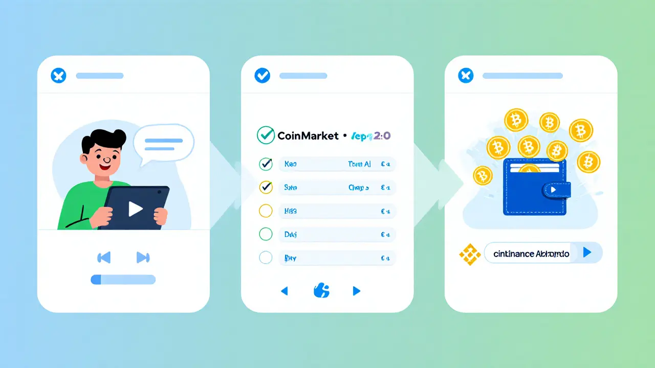 Cartoon showing users watching videos, taking a quiz, and receiving XMS tokens in wallets.