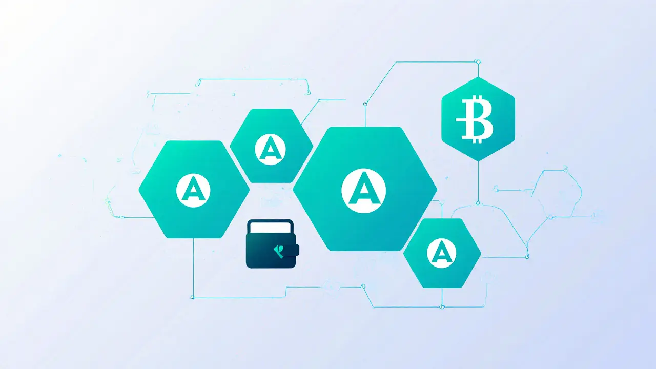 Hexagonal blockchain chain linking ARI10 tokens to a hardware wallet and BSC symbol.