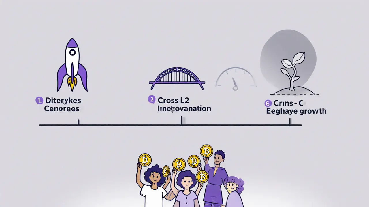 Minimalist roadmap showing V2 upgrade, bridge, and growth with a community of users.