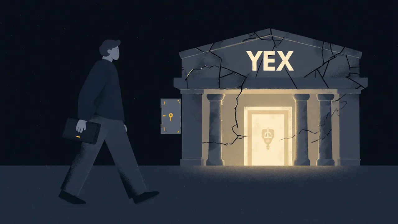 User leaving a broken YEX building, holding a hardware wallet, with a safe vault behind.