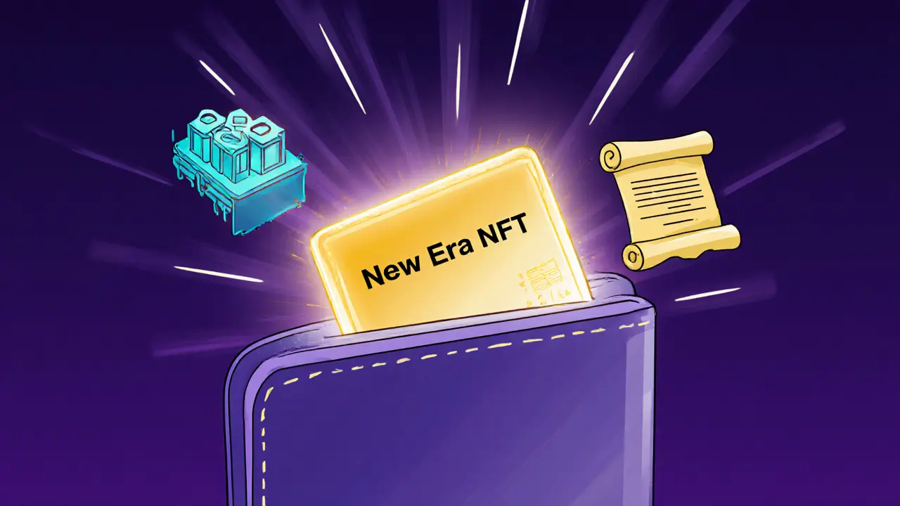 Wallet opened to show a glowing New Era NFT beside mining and patent icons.
