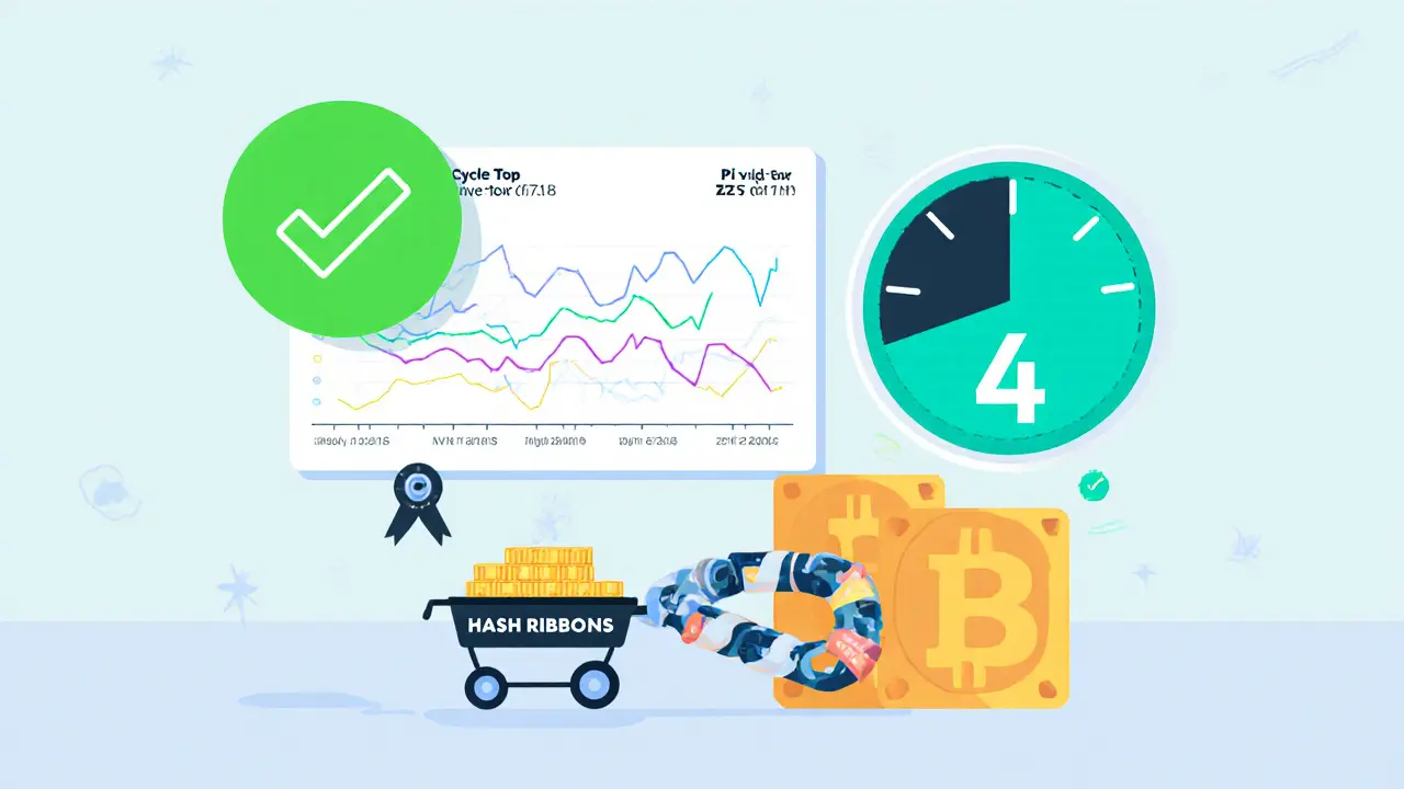 Illustration of blockchain, hash ribbons, Pi Cycle Top, and MVRV gauge together.