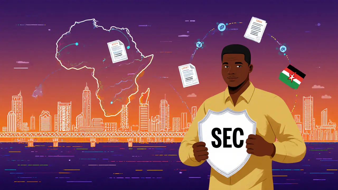 Lagos skyline with fintech hubs, bridge to Kenya, trader holding SEC shield.